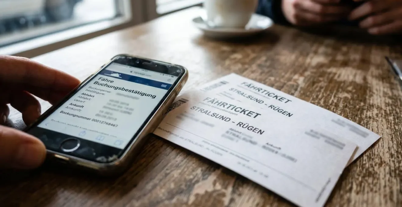 Extreme Nahaufnahme von Fährtickets und Smartphone mit Buchungsbestätigung auf sauberem Holztisch bei natürlichem Seitenlicht