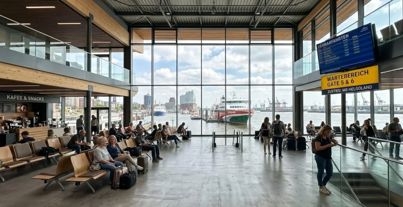 Weitwinkelaufnahme eines modernen Fährterminal-Wartebereichs mit grosser Fensterfront und Blick auf Hafen bei hellem Tageslicht