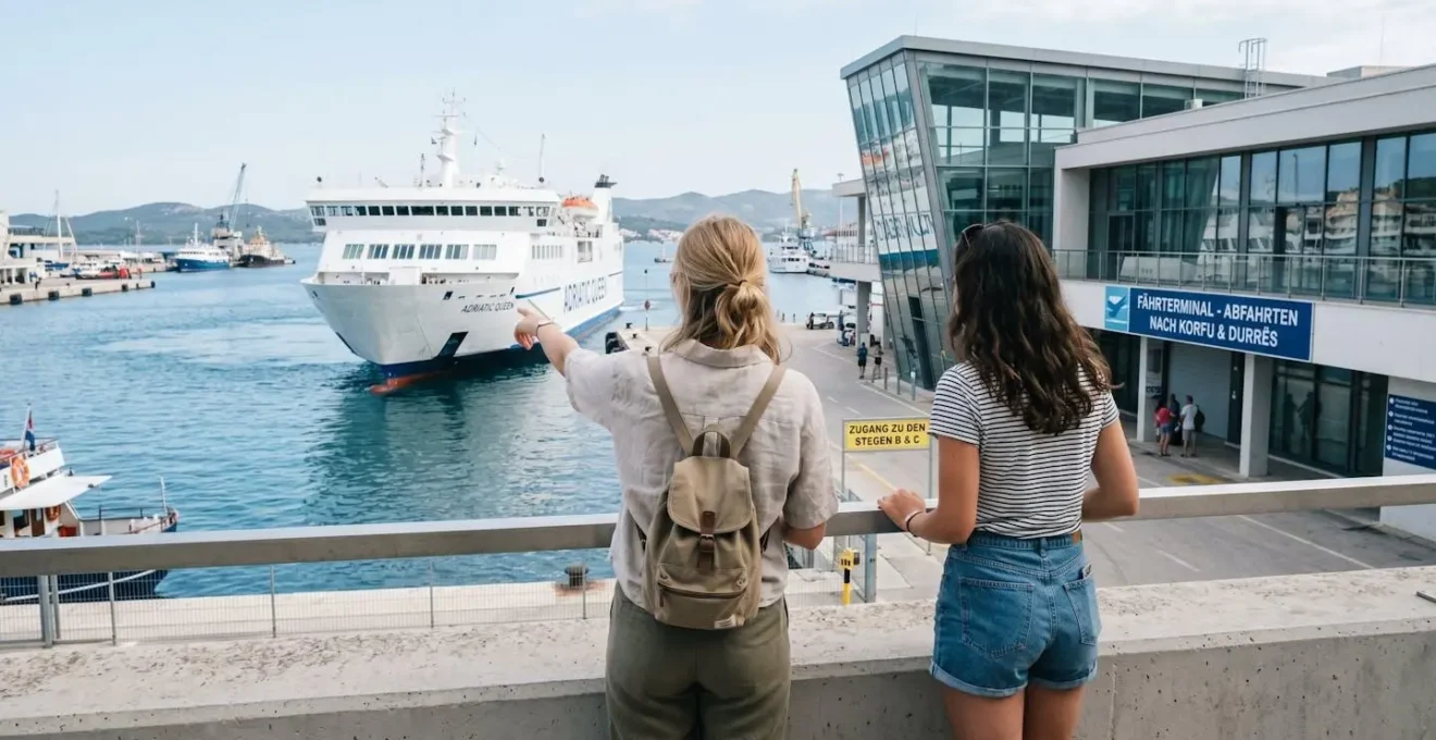 Zwei Reisende von hinten betrachten eine Fähre am modernen Mittelmeerhafen bei natürlichem Morgenlicht